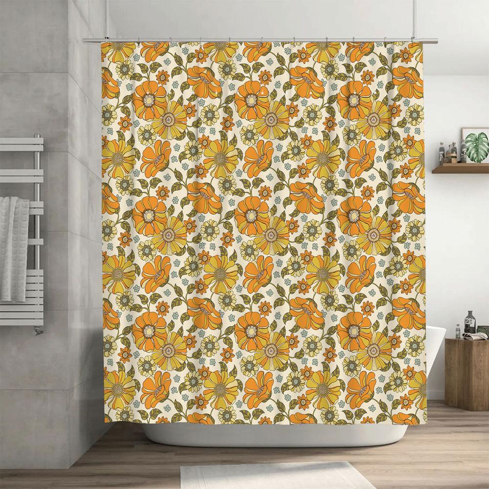 Vintage Floral Shower Curtain Orange Green Flower Design for Bathroom Decorations 71x84in