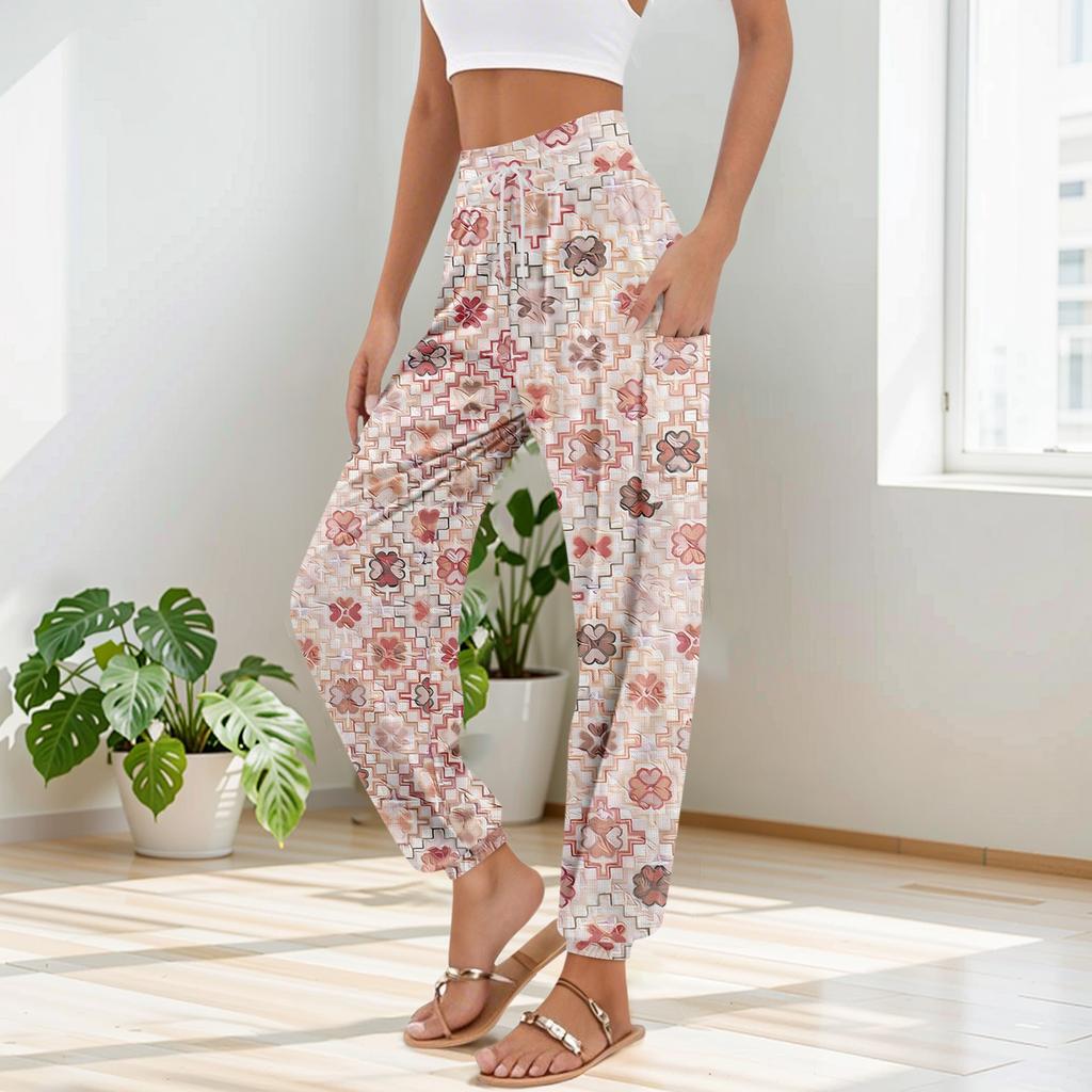 Women's Pocket Drawstring Trousers High Waist Yoga Bohemian Printed Casual Pants
