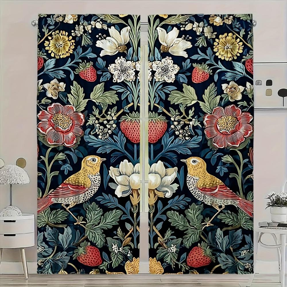 2pcs William Morris Style Curtains No Rod Navy Blue Bird & Floral Pattern, Sheer Polyester for Living Room, Bedroom, Door
