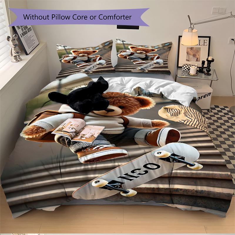 

3pcs Anime Teddy Bear Skateboard Design Bedding Set - Includes One Quilt Cover and Two Pillowcases (No Core) - Perfect for Bedroom and Guest 135x200cm