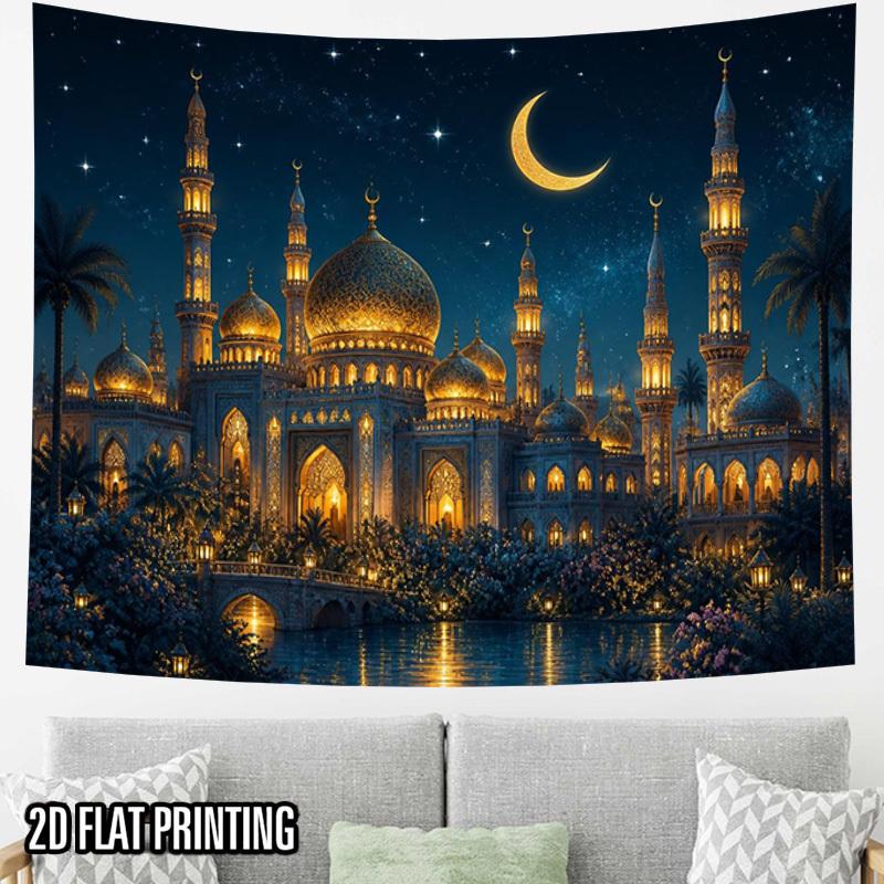2D Flat - 2D Flat - 2D Flat Print 1pc Tapestry Star Moon Over Grand Night Scene Tapestry, Warm Dome And Palm Reflection Cultural Background Decoration