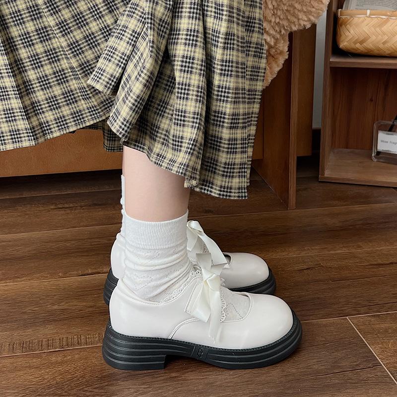 White bow small leather shoes women's summer lace platform Mary Jane round head jk loafers cute light mouth single shoes