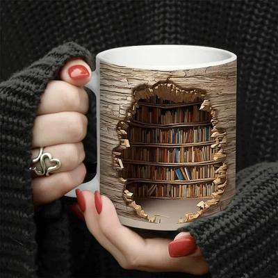 1 Stück, 3D-Bücherregal-Durchbruch-Kaffeetasse, Keramik-Kaffeetassen, Bücherregal-Wassertassen, Sommer-Winter-Trinkgeschirr