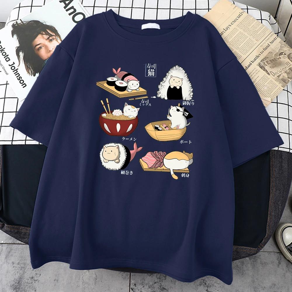Food Cute Cat Sushi Cartoon Style Men 100% Cotton Short Sleeve Harajuku Casual Printed T-shirt Fashion Men's T-shirt Clothing