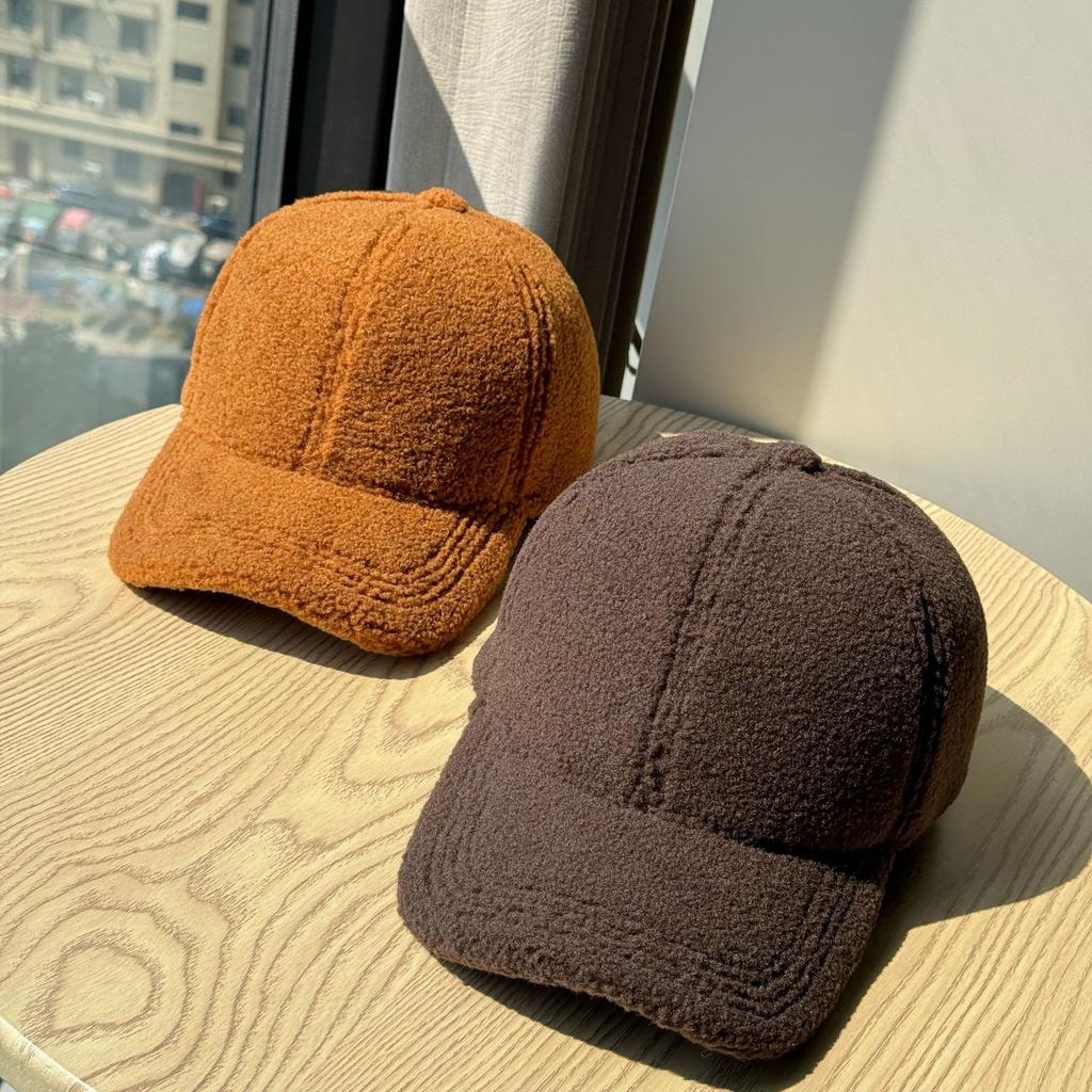Korean-style simple and versatile wide-brimmed lamb wool baseball cap for women, new winter warm large-head circumference duckbill hat for men