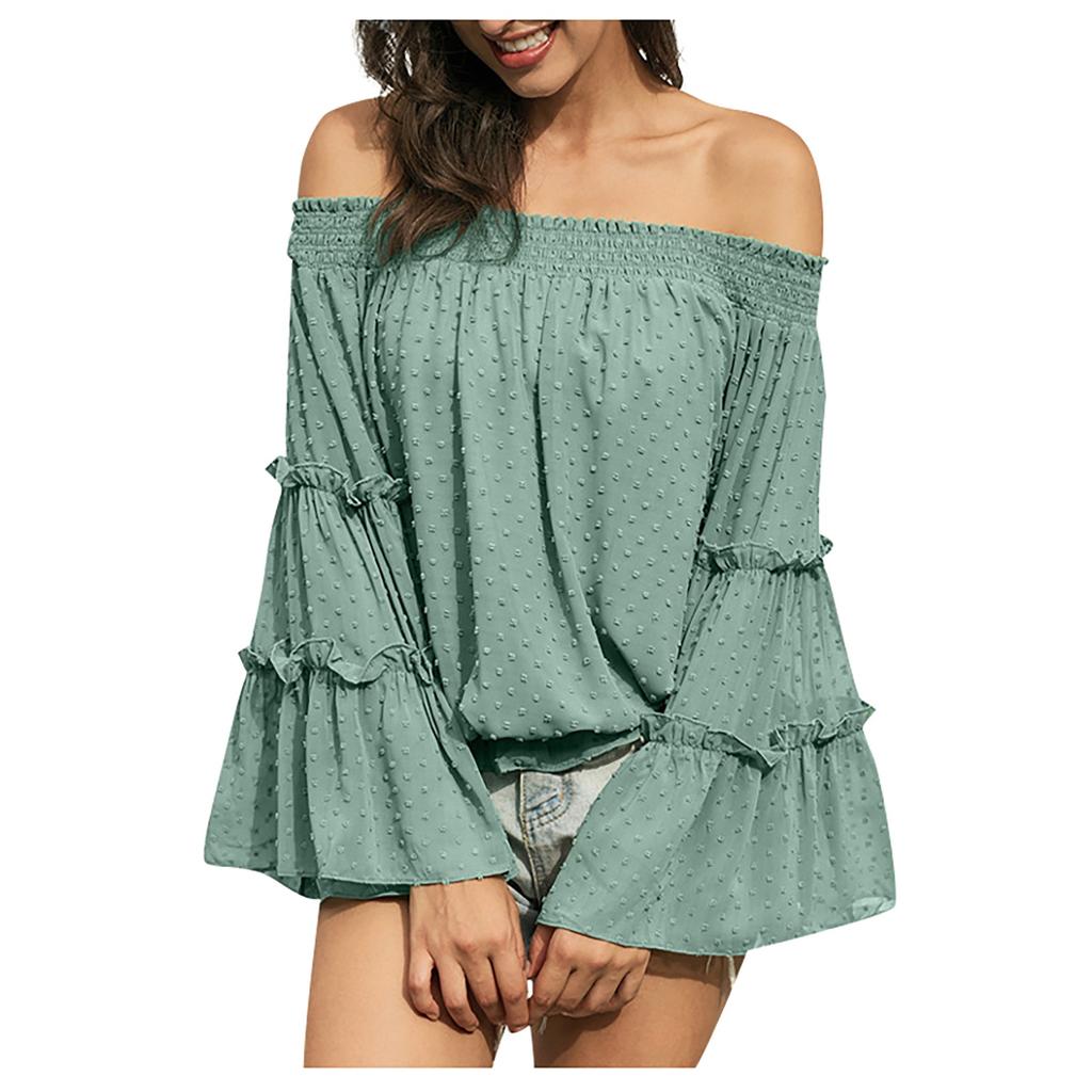 Fashion Flared Long-sleeved Chiffon Off-the-shoulder Neckline Hollow Loose Top