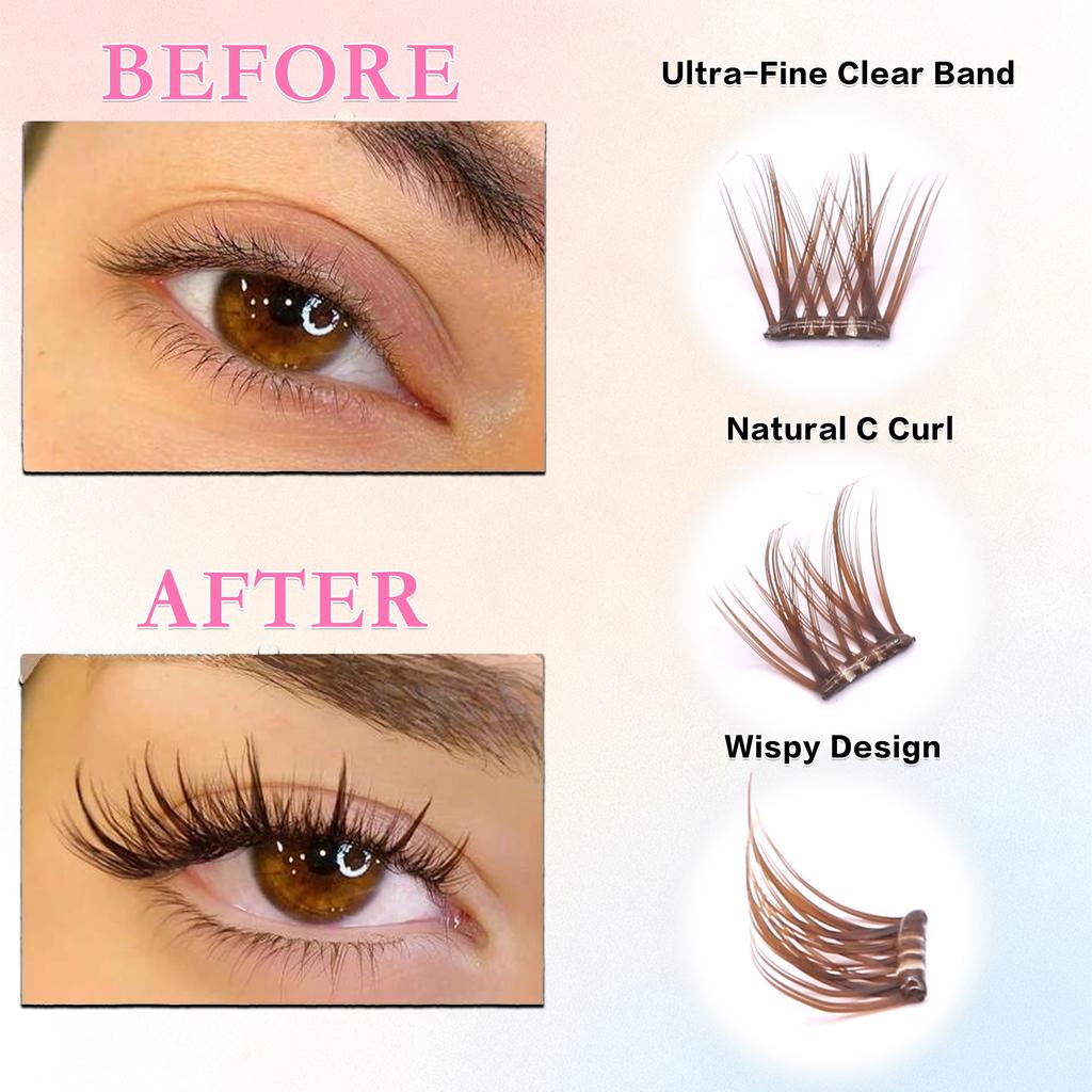 Brown Lashes New Type 10 Rows Glue Free Lashes Easy Application Eyelashes Reusable Lash Clusters with No Glue Needed
