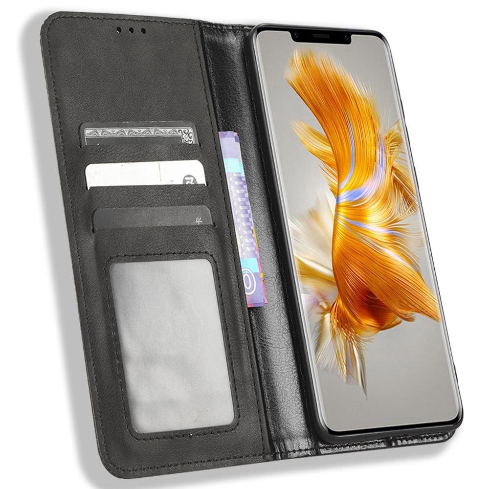 

For Huawei Mate 50 Pro 4G Protective Case,Vintage Texture Magnetic Auto-absorbed PU Leather Case Wallet Stand Phone Cover Black