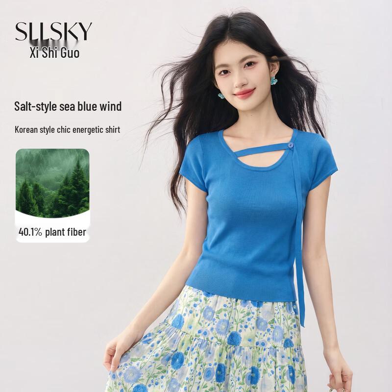 Sllsky Women s Korean Style Klein Blue Knitted Short Sleeve T-Shirt L