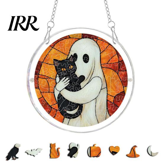 Reusable Halloween Hanging Sign Acrylic Puzzle Decor, 2D Ghost Pumpkin Skeleton Sign, Faux Window Decal Stained Glass Spooky for Party Home