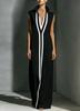 Women's Contrast Striped Sleeveless Stand Collar Deep V Neck Linen Blend Straight Maxi Dress Casual Long Dress
