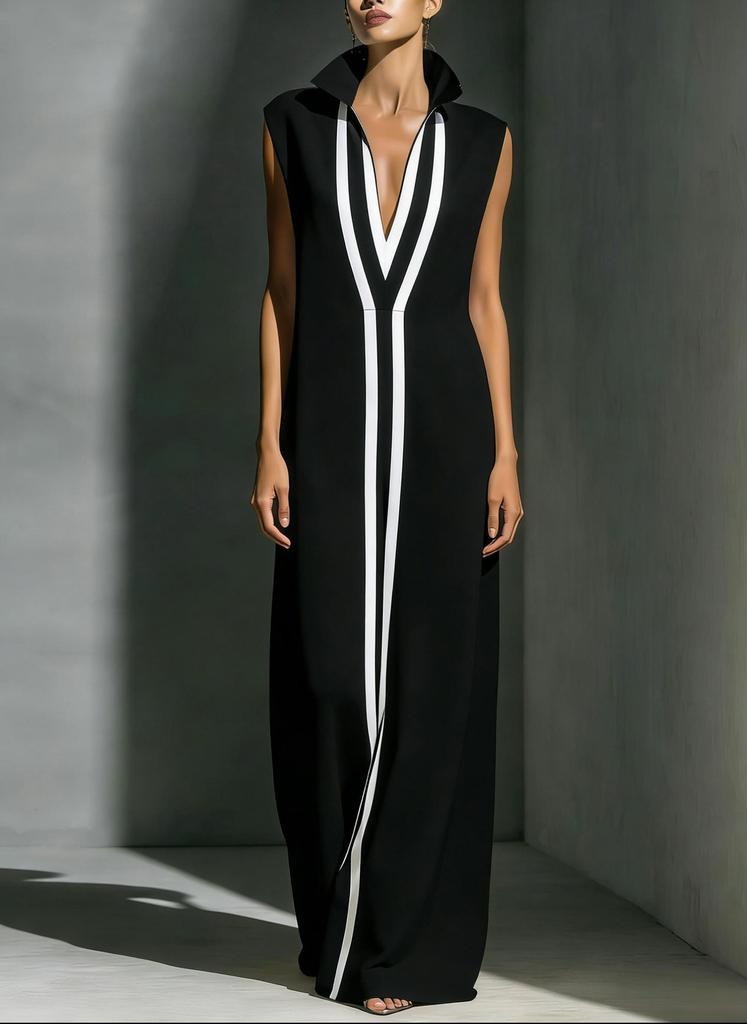 Women's Contrast Striped Sleeveless Stand Collar Deep V Neck Linen Blend Straight Maxi Dress Casual Long Dress