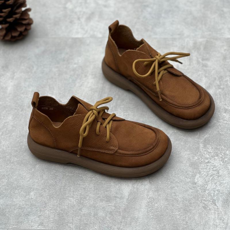 Handgefertigte Damen Retro High-Top Ballerinas aus echtem Leder mit runder Spitze und Schnürung