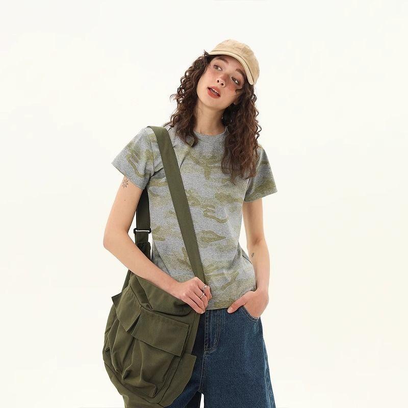 

American Retro Camouflage Tie-dye Short Shoulder T-shirt for Women Summer New Trendy Brand Slim Hot Girl Short-sleeved Top XL сірий