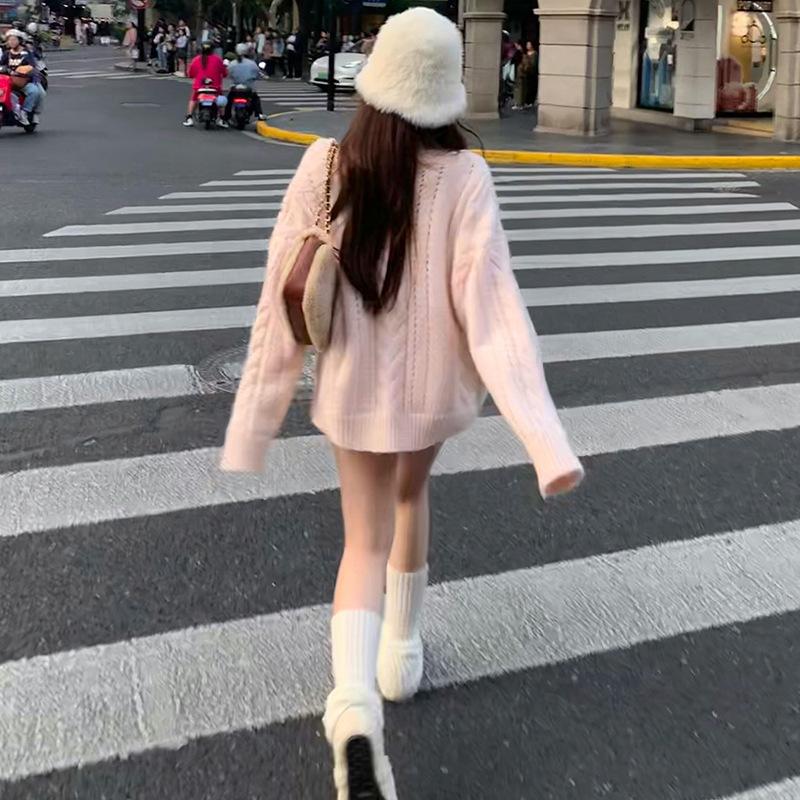 Pink Knitted Open Cardigan Sweater Women's Chic Street Style Loose Sweet Anti-Aging Lazy Fashion Outerwear Top