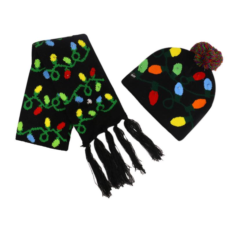 Cross-border Hot-selling Adult Winter Christmas Series Wool Hat LED Lighting Warm Knitted Hat Scarf Set Wholesale