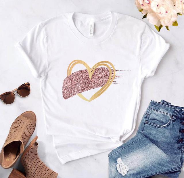 Love Heart Print T-Shirts For Women Clothing Round Neck Casual Top Clothes Short Sleeve Versatile Graphic Printed Fashion Shirts