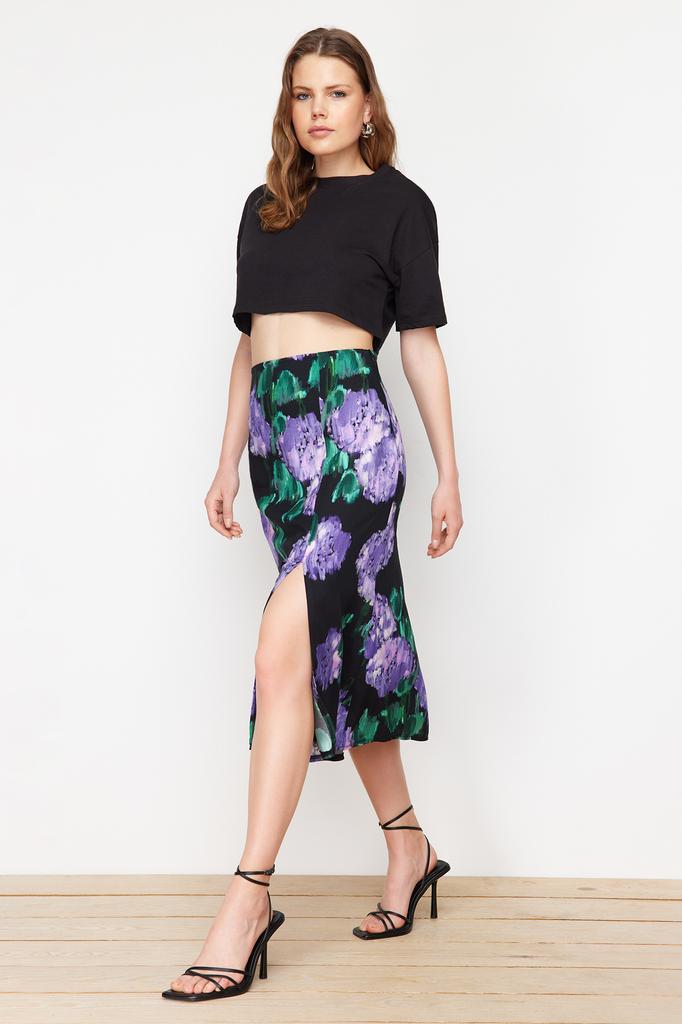 Women's Fashion New Skirt Lilac Slit Detailed Viscose Fabric Patterned Midi Woven Skirt