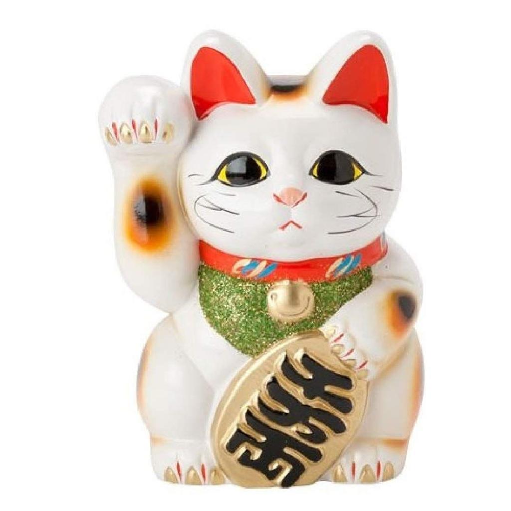 White Small Oval Cat No. 6 Right Hand Inviting Money Maneki Neko Tokoname Ware