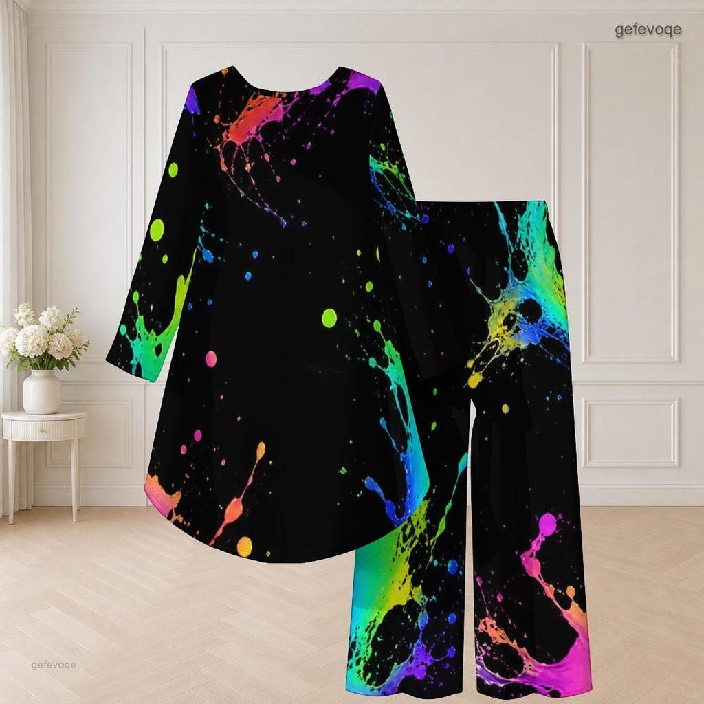 Women Plus Size Black Gold Printed Round Neck Long Sleeve High Low Top Wide Leg Pants Two Piece Set