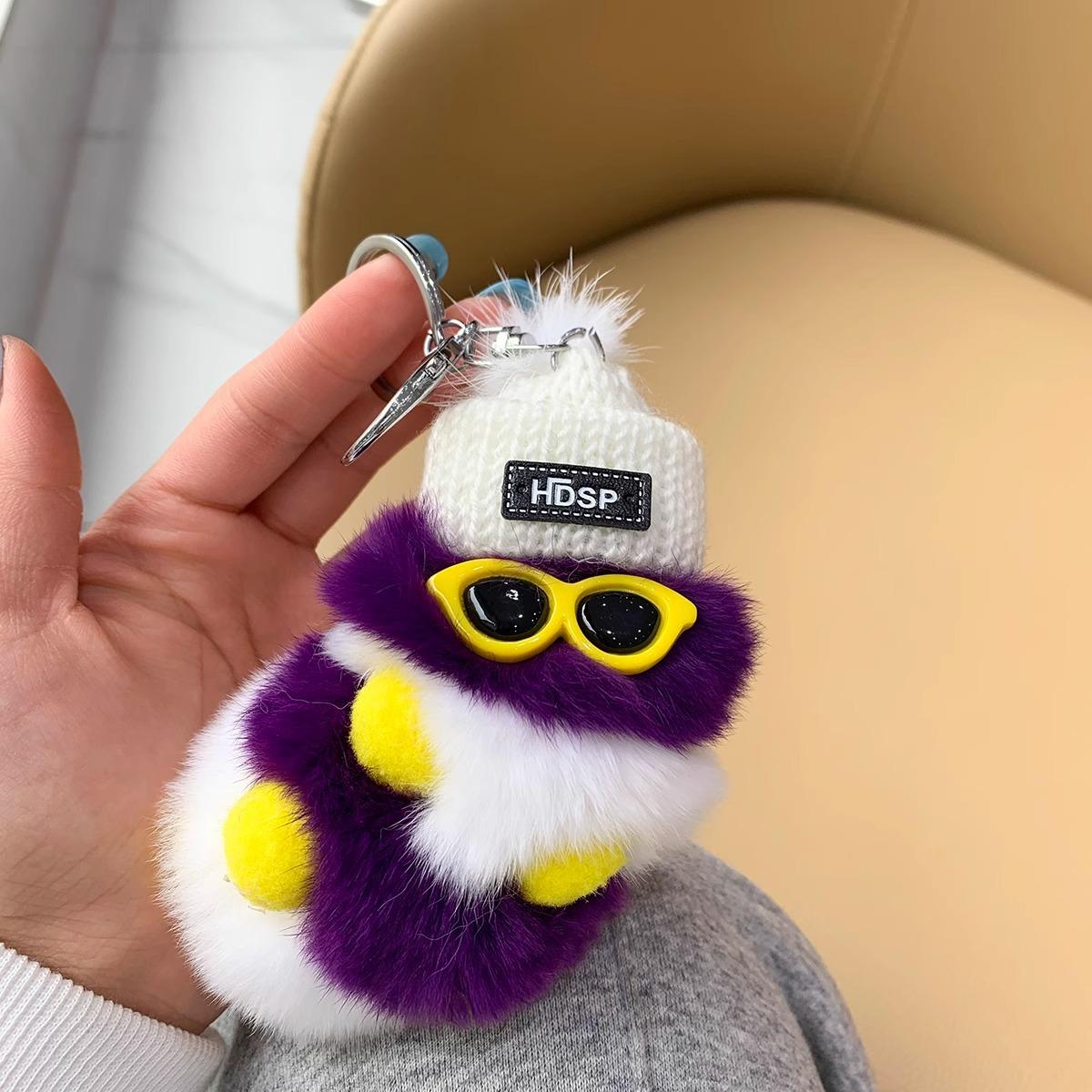 Bunte Plüschraupen Niedlicher Schlüsselanhänger Mit Sonnenbrille Weiches Kaninchenfell Tier Pompon Anhänger Mit Schlüsselringen Für Damen Handtasche 15CM white