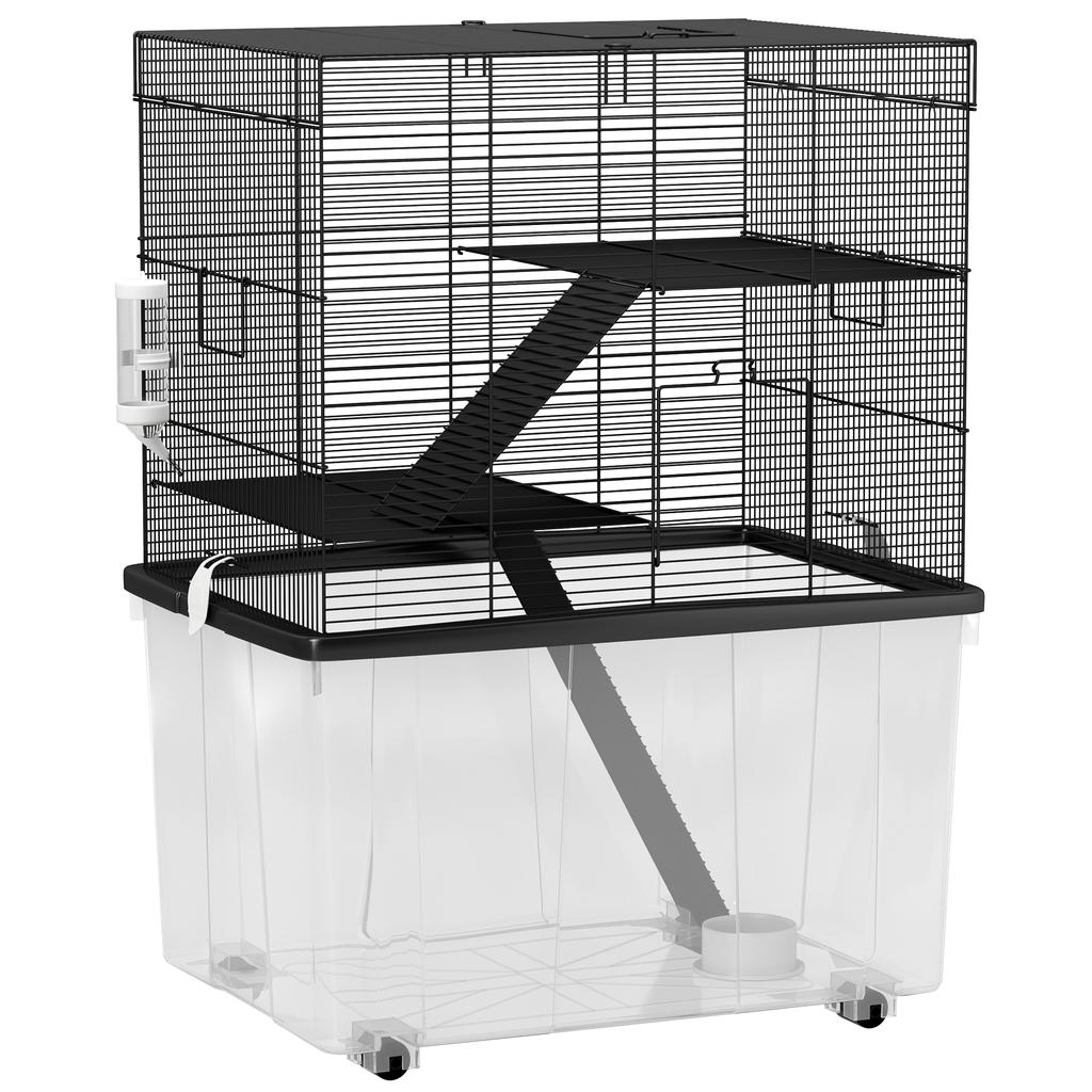 Gabbia per criceti a 3 piani con ruote, 2 piattaforme, rampe, ciotola e beverino, 58x43x74 cm, Nera