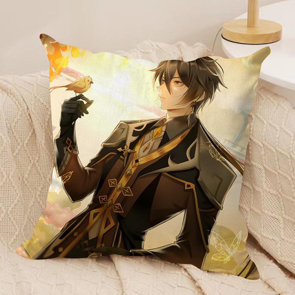 Zhongli Genshin Impact Cushion Cover Silky Short Plush Invisible Zipper Dustproof Sofa Pillow Case For Home Decor