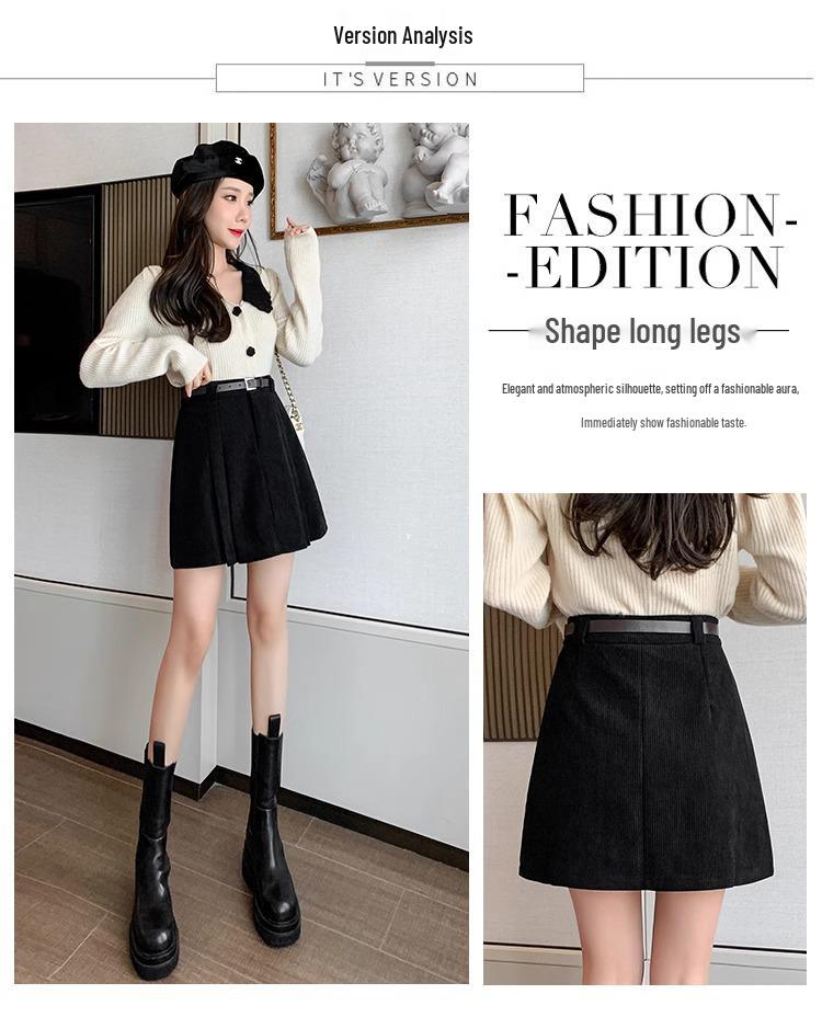 2024 Fall/Winter Korean Waistless Corduroy Pleated Mini Skirt - High Waist A-Line Design