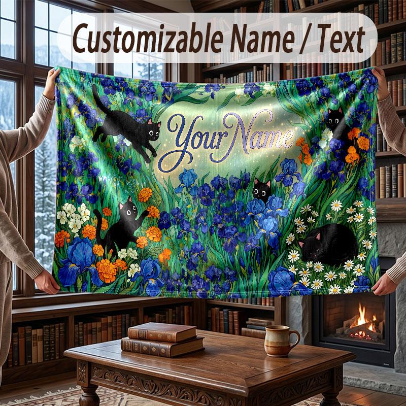 Cat Theme Throw Blanket Custom Name Text Personalized Blanket Soft Cozy Blanket for Home Sofa Bed