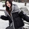 Winter Women Color Block Patchwork Hooded Cotton Jacket Short Korean Style Coat