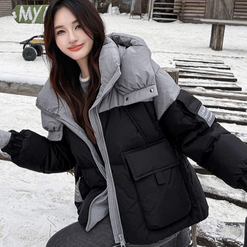 Winter Women Color Block Patchwork Hooded Cotton Jacket Short Korean Style Coat