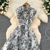 New women's high-end elegant dress women's lapel sleeveless waist single-breasted ink painting jacquard dress
