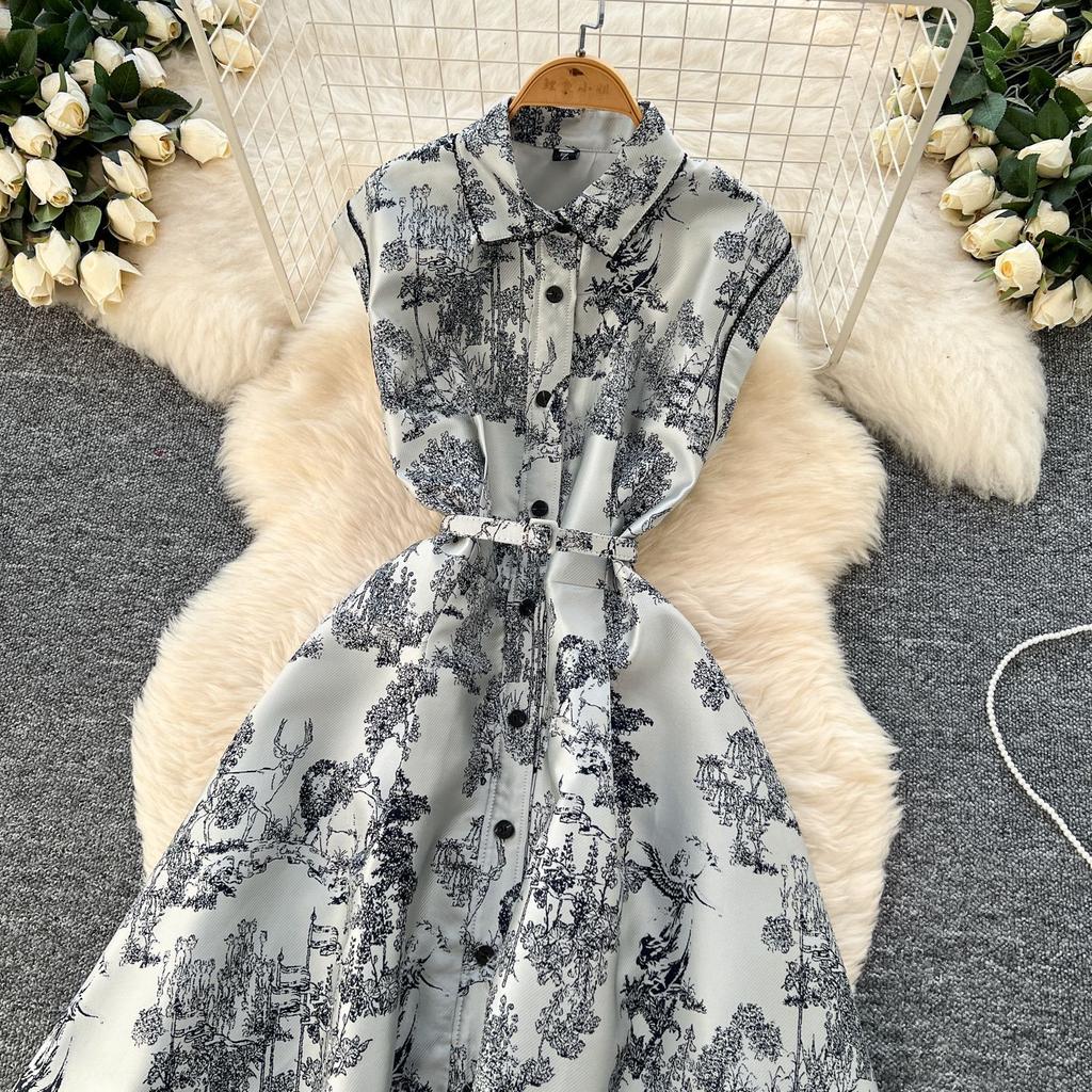 New women's high-end elegant dress women's lapel sleeveless waist single-breasted ink painting jacquard dress