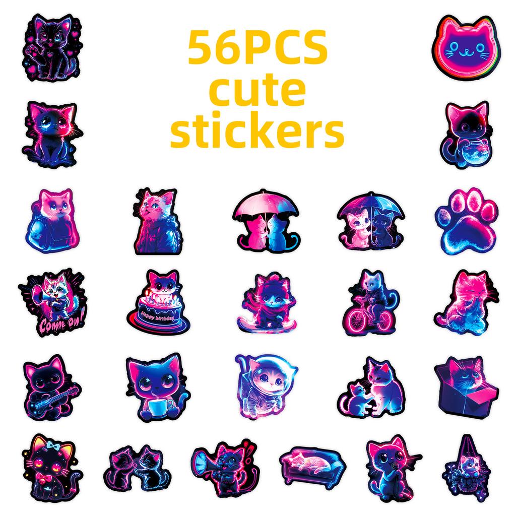 56PCS Neon Cat Graffiti Stickers Cool Colorful Lights Cartoon Cat Skateboard Decoration Stickers For Stationary Notebook