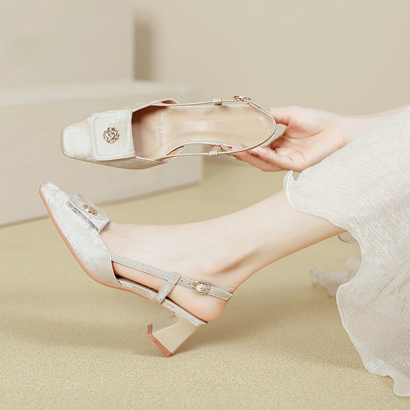 Baotou sandals women's new medium thick heel empty single shoes silver one-word buckle with square head high heels