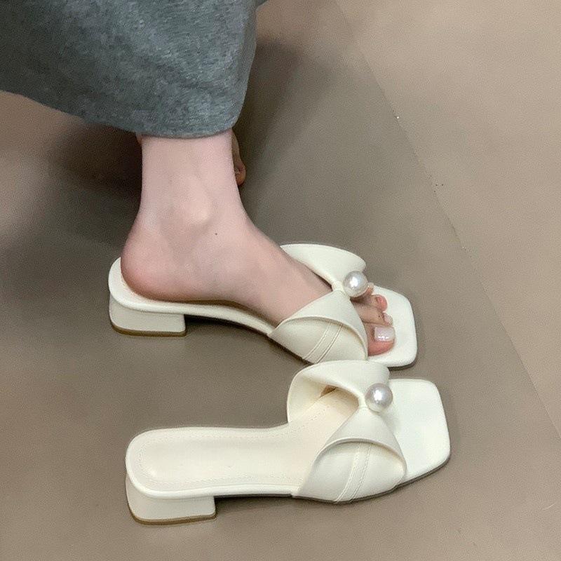 Bow pearl square head cool slippers female French versatile outer wear with skirt fairy one-word drag