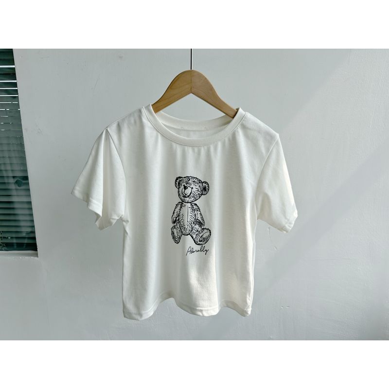 

Slightly Flaw Summer New Arrival Loose Casual Fashion All-Matching Cartoon Bear round Neck Short Sleeve Women s T-shirt Tops H10 White F