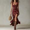 Women's Sleeveless V Neck Floral Print Midi Dress with Ruffle and Side Slit