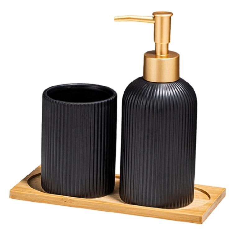 3-teiliges Badezimmer-Accessoires-Organisationsset mit Keramik-Handseifenspender, Holzschale und Zahnbürstenhalterbecher