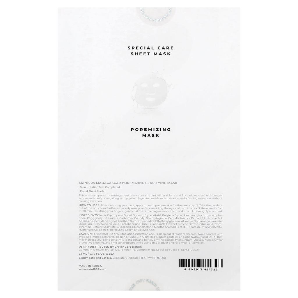 Skin1004 Madagascar Centella, Pore-Mizing Clarifying Beauty Mask, 5 Sheets, 23ml (0.77 Fl Oz) Per Sheet
