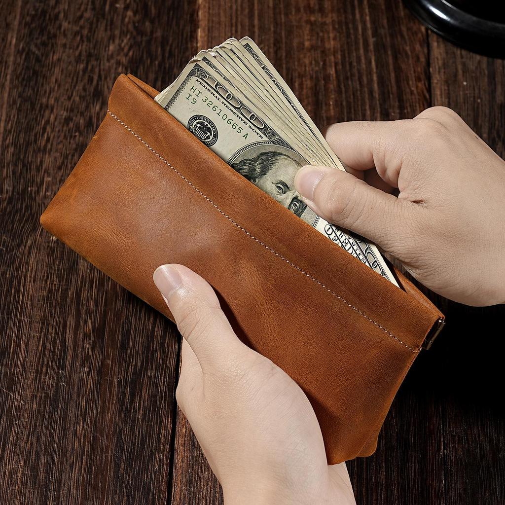 Spring-Loaded Crazy Horse Cowhide Pencil Case & Coin Purse - Multi-Functional Stationery Bag