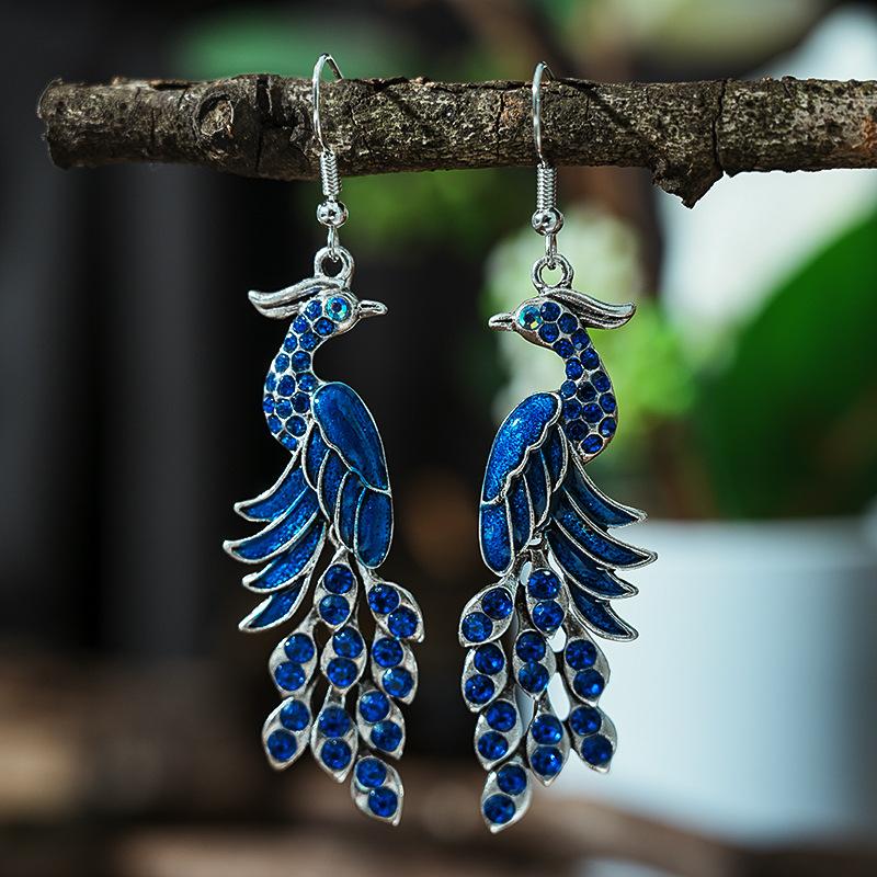 Blue Drop Oil Rhinestone Peacock Earrings for Women Ethnic Vintage Long Silver Color Geometric Animal Earrings Boho Jewelry Gift