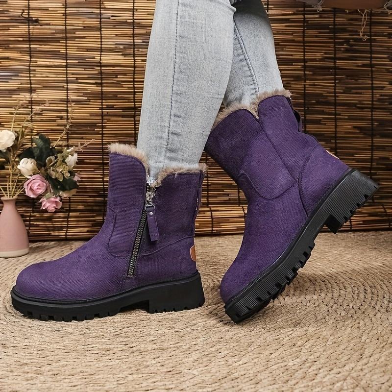 Women's Vintage Plush Fleece-Lined Winter Boots - Deep Purple Round-Toe Mid-Calf Boots