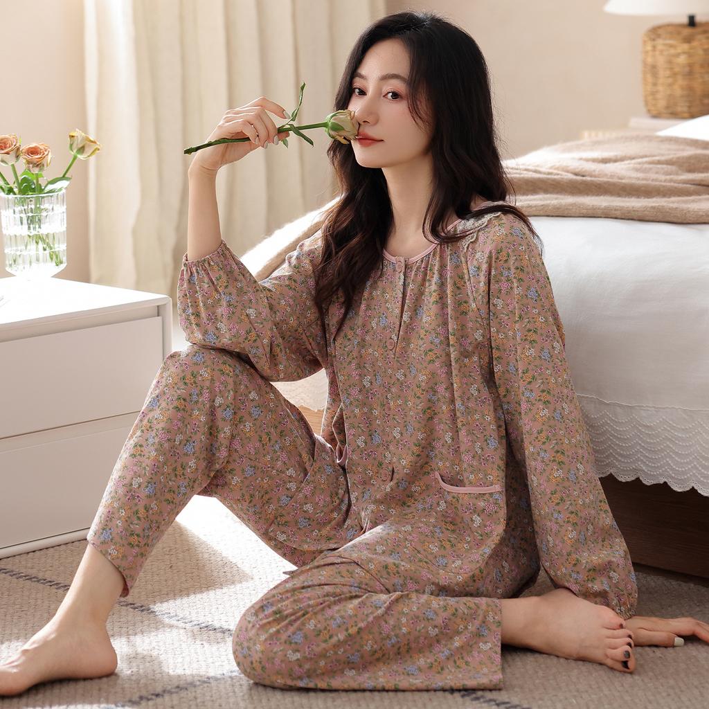 Women's pajamas pure cotton comfortable and simple thin spring and autumn cotton long-sleeved trousers cardigan loungewear can be worn outside set