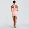 Women Casual Solid Color Mesh Patchwork Twisted Halter Short Bodycon Dress