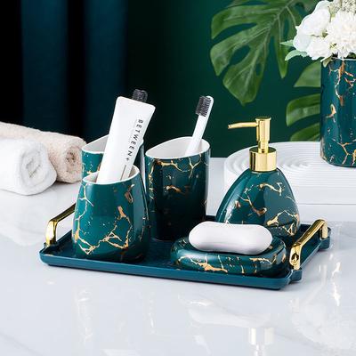 Gold Plated Marbled Ceramic Lotion Bottle Bathroom Supplies Mouthwash Cup Toothbrush Cup Soap Dish Set Hotel Wash Lotion Bottle