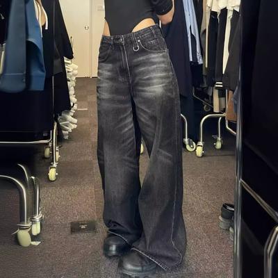 Jeans femininos finos pretos retrô perna larga hip hop street jeans primavera e outono