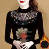 Vintage Women Fleece Diamonds Black Slim T-Shirt Autumn Winter Patchwork Lace Hollow Out Half High Neck Casual Long Sleeve Tops