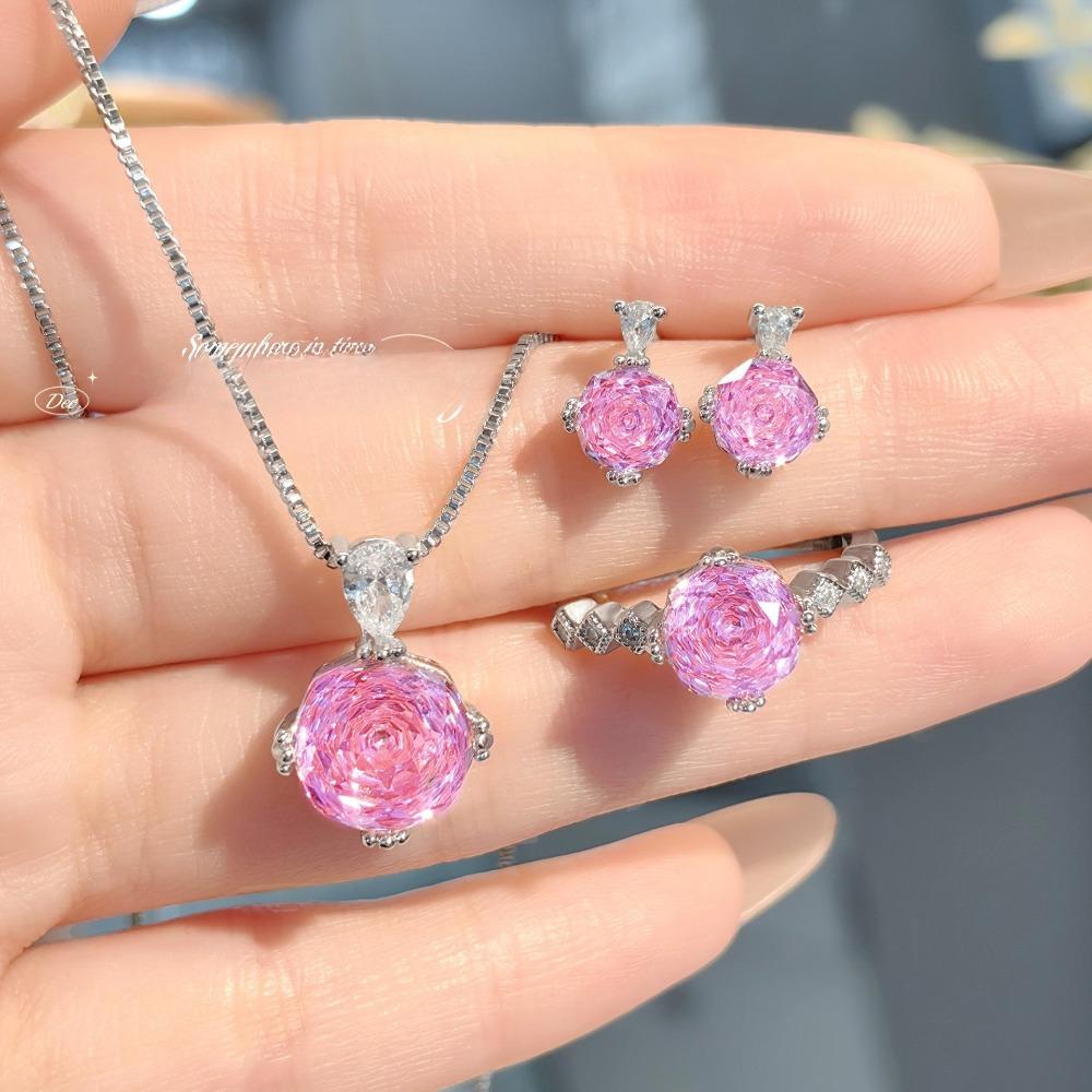 Rose Cut Paraiba Necklace Pendant with High Carbon Diamond Earrings Rose Flower Ring Jewelry Set