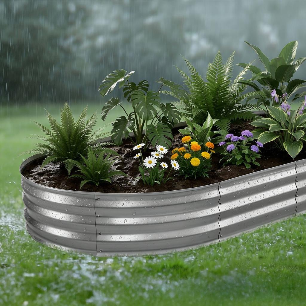 Galvanized Raised Garden Bed, 240 X 120 X 30 Cm, Oval Metal Planter Box Kit Outdoor, Bottomless Elevated Garden Box with Gloves, Rustproof Alu-Zinc,